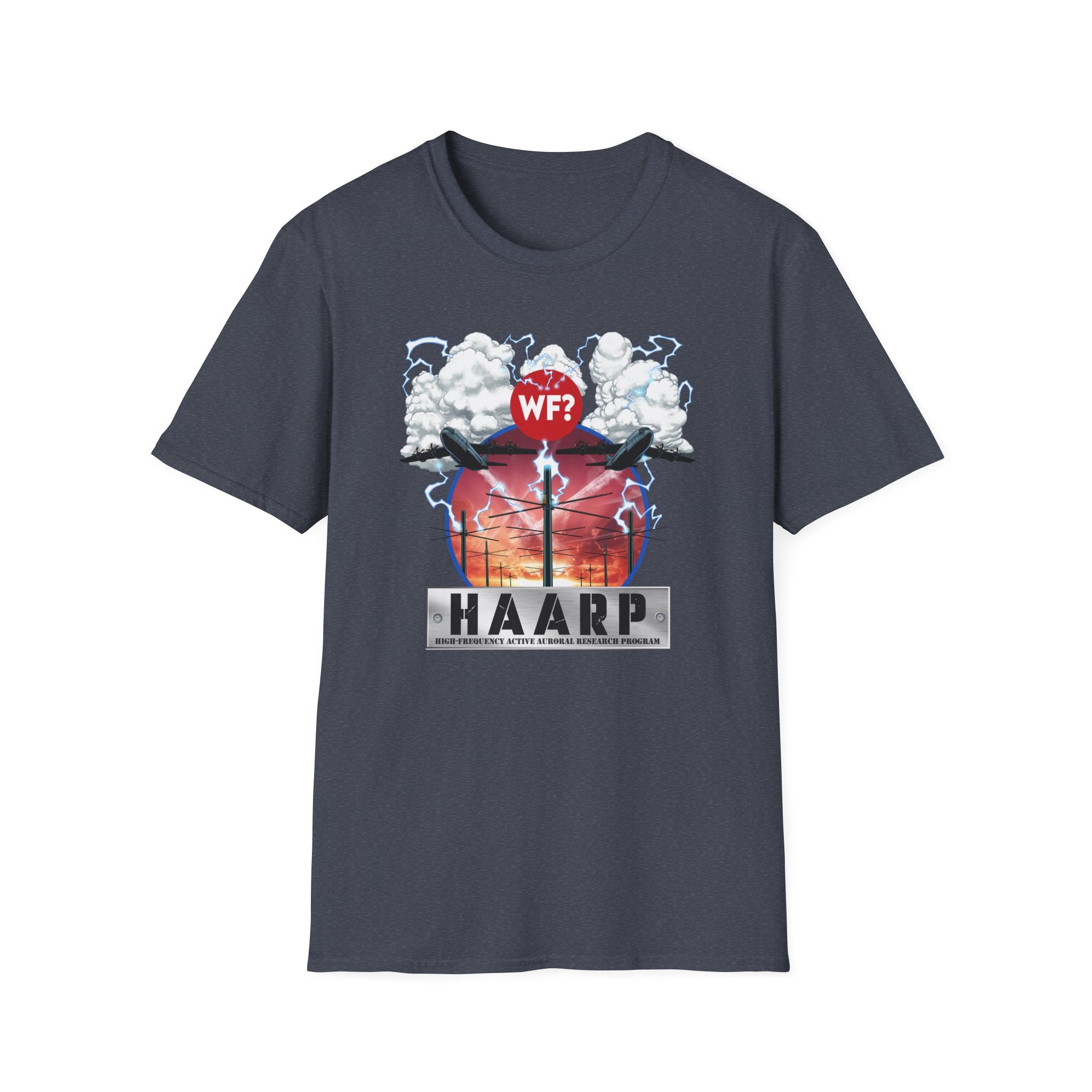 Buy heather-navy HAARP Conspiracy Unisex Softstyle T-Shirt - Perfect for Mystery Enthusiasts